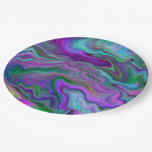 Lila, grüne und blaue Fluid Art Marmor Pappteller (Schrägansicht)