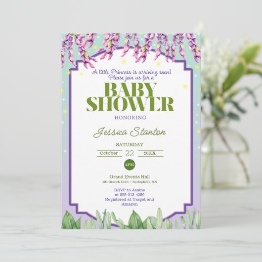Lila grüne und rosa Kinderdusche Einladung (Stehend Vorderseite)