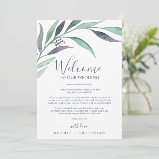 Lila grüner Eukalyptus Begrüßungsbrief und Reisebe (Stehend Vorderseite)