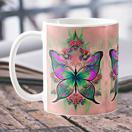 Lila grüner Schmetterling in Pink Kaffeetasse