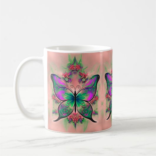 Lila grüner Schmetterling in Pink Kaffeetasse (Links)