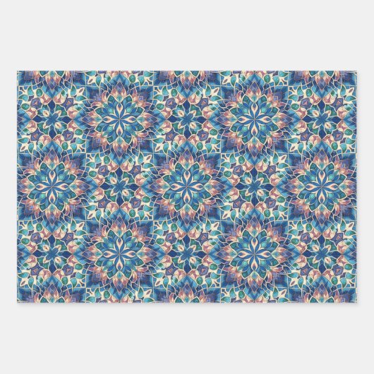 Lila, grünes, blaues, lachsfarbenes und gelbes Fli Geschenkpapier Set (Vorderseite)