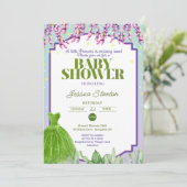 Lila grünes Kleid und rosa Babydusche Einladung (Stehend Vorderseite)