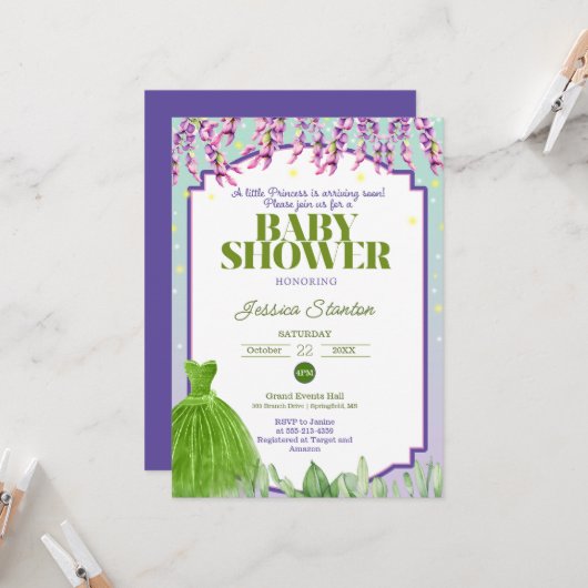 Lila grünes Kleid und rosa Babydusche Einladung (Vorderseite/Rückseite Beispiel)