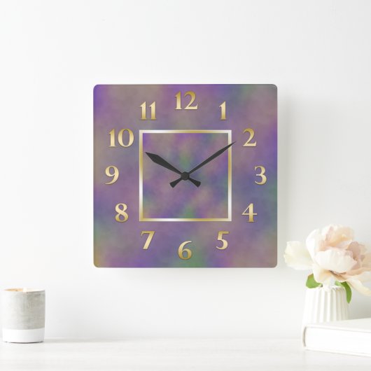 Lila grünes Metallic Gold Quadratische Wanduhr (Zuhause)