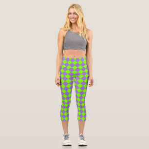Lila grünes Schachbrett Diamantmuster Capri Leggings