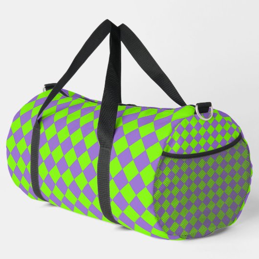 Lila grünes Schachbrett Diamantmuster Duffle Bag (Rechte Ecke)