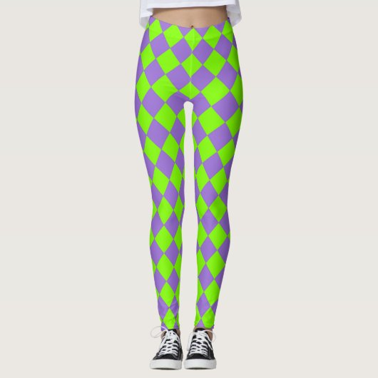 Lila grünes Schachbrett Diamantmuster Leggings (Vorderseite)