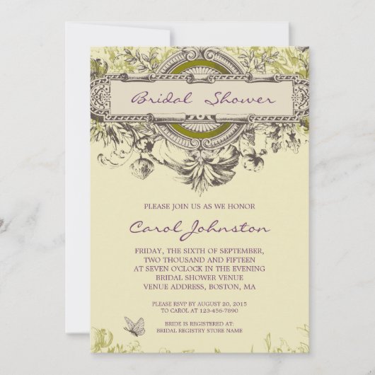 Lila grünes Vintages BlumenBrautparty Einladung (Vorderseite)