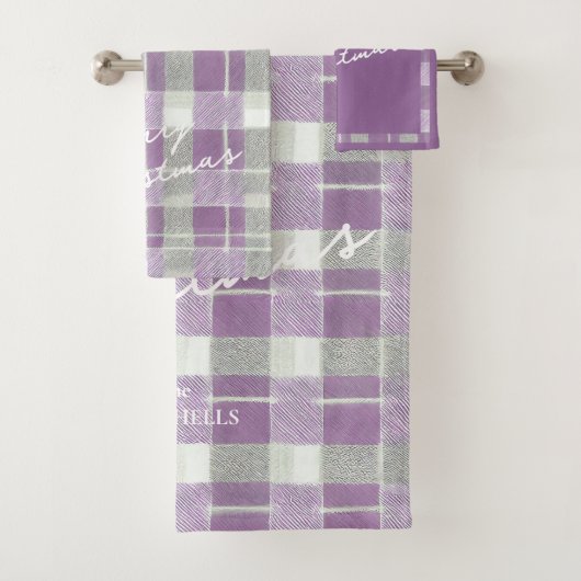 Lila grünes Weihnachtsmuster#7 ID1009 Badhandtuch Set (Insitu)