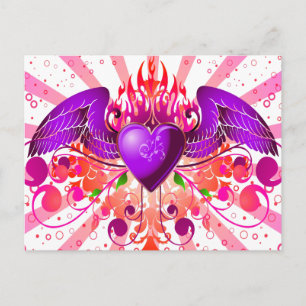 Lila Grunge-Design mit geflügeltem Herzen Postkarte