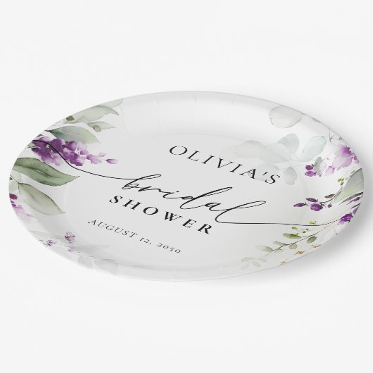 Lila Grünpflanzenlavender Brautparty Papierplatte Pappteller (Schrägansicht)
