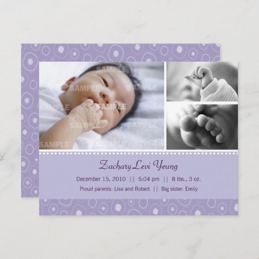 Lila Gumdrop-Geburt Ankündigung (Vorne/Hinten)