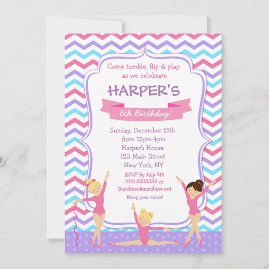 Lila Gymnastik Gymnastik Geburtstag Einladungen (Vorderseite)