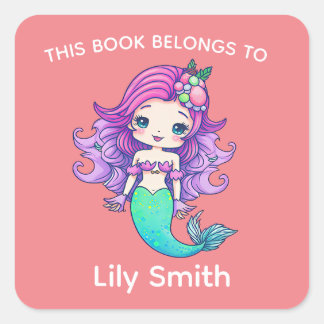 Lila Haar-Meerjungfrau und Kinder Namensschild Quadratischer Aufkleber