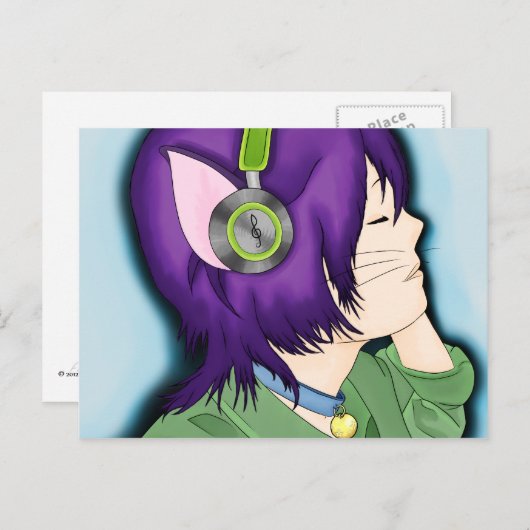 Lila haarige Katze mit Kopfhörern Postkarte (Vorne/Hinten)