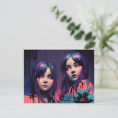 Lila haarige Mädchen in rosa gekleidet Postkarte (Stehend Vorderseite)