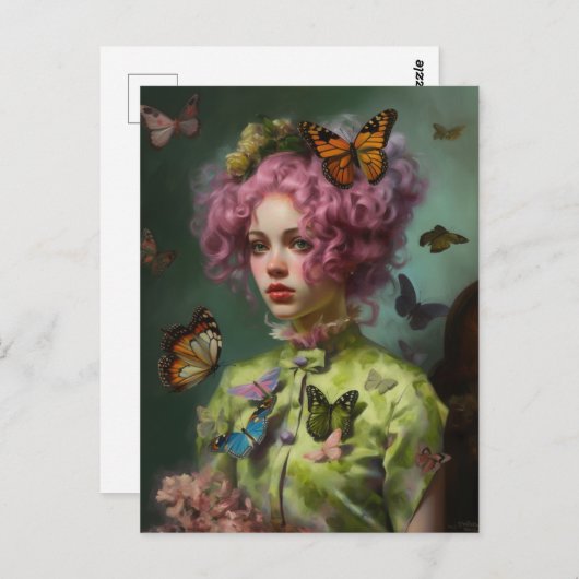 Lila Hair Green Shirt Ivy and Butterfly Weibchen Postkarte (Vorne/Hinten)