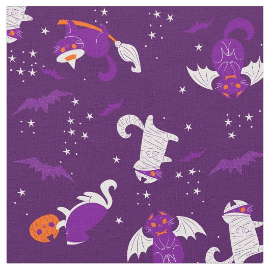 lila Halbwal-Katzen Mummy Vampire Fledermaus Hexe Stoff (Nahaufnahme)