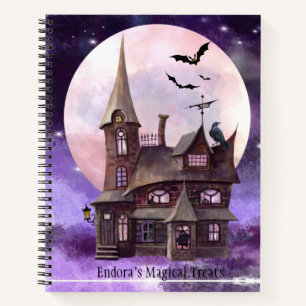 Lila Halloween-Altes-Haus-Fledermäuse-Vollmond-Rez Notizblock
