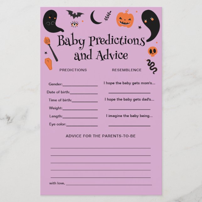 Lila Halloween Baby Shower Baby Predictions Game (Vorderseite)