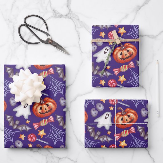 Lila Halloween-Collage Geschenkpapier Set (Vorderseite)