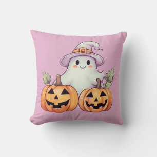 Lila Halloween-Geister und Kürbislaternen Kissen