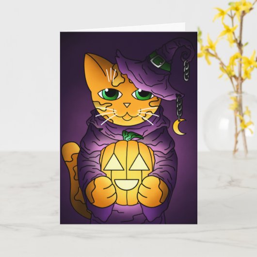 Lila Halloween Hexenkatze Karte (Gelbe Blume)