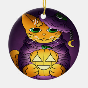 Lila Halloween Hexenkatze Keramik Ornament