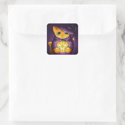 Lila Halloween Hexenkatze Quadratischer Aufkleber (Tasche)
