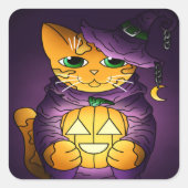 Lila Halloween Hexenkatze Quadratischer Aufkleber (Vorderseite)