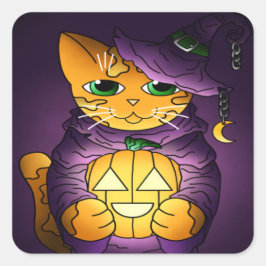 Lila Halloween Hexenkatze Quadratischer Aufkleber