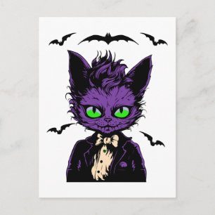 Lila Halloween-Katze mit Fledermäusen Postkarte