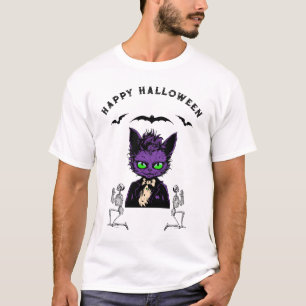 Lila Halloween-Katze mit Fledermäusen und Skelette T-Shirt