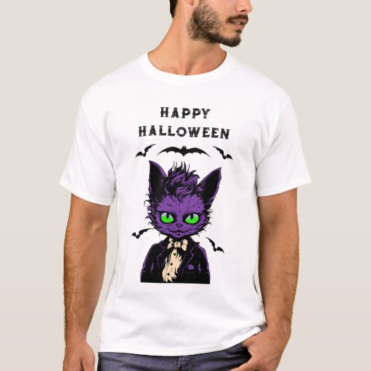 Lila Halloween-Katze T-Shirt (Vorderseite)