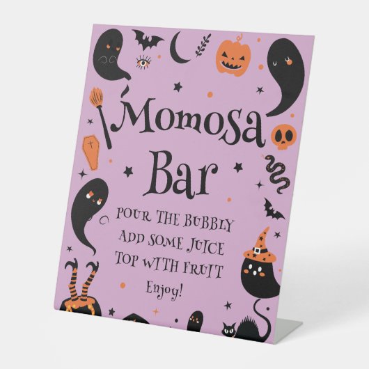 Lila Halloween-Kinderdusche Momosa Bar Sockelschild (Vorderseite)
