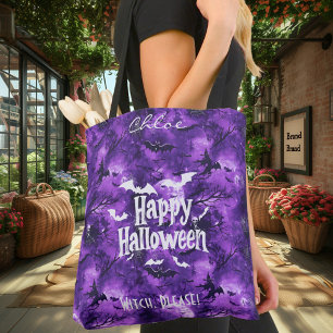 Lila Halloween mit fliegenden Fledermäusen und Hex Tasche