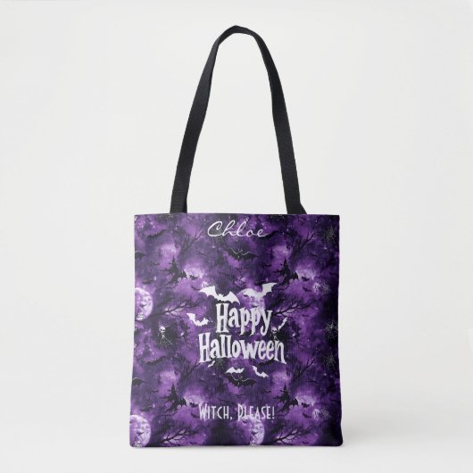 Lila Halloween mit fliegenden Fledermäusen und Hex Tasche (Vorderseite)