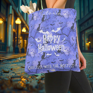 Lila Halloween mit schwarzen Katzen und Fledermäus Tasche