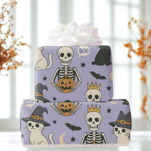 Lila Halloween-Skelette, Hexenkatzen und Kürbiskin Geschenkpapier