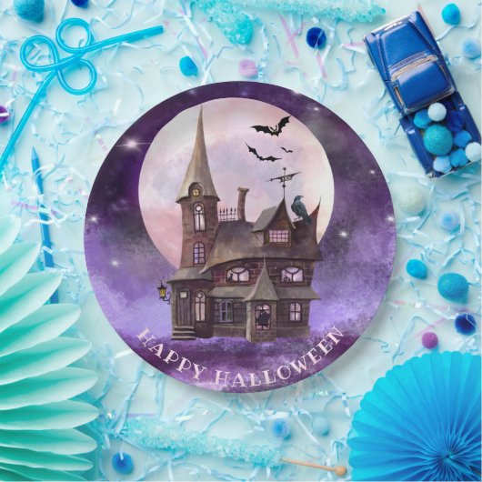 Lila Halloween Spuk Hausratten Vollmond Pappteller (Party)