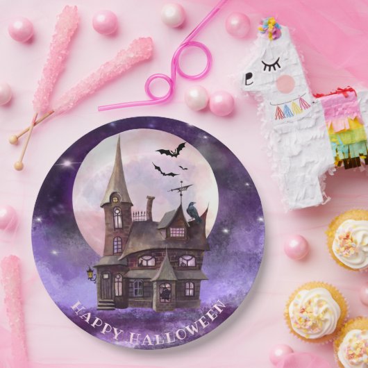 Lila Halloween Spuk Hausratten Vollmond Pappteller (Party)
