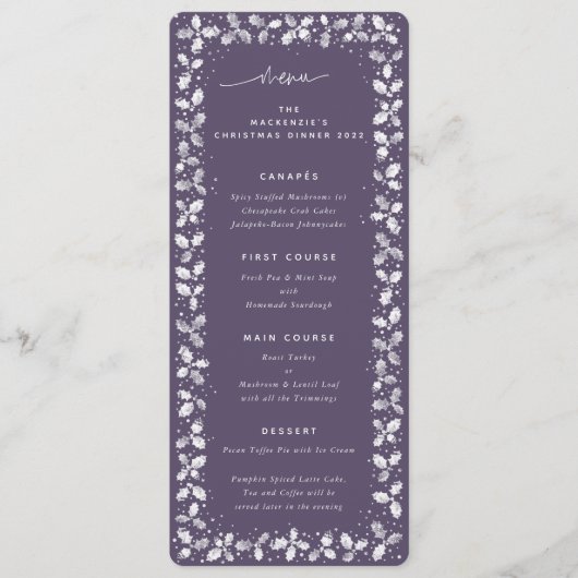 Lila Handdrucke Holly+Berries Weihnachten Menükarte (Vorderseite)