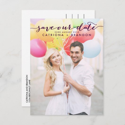 Lila handgeschriebenes Script-Foto Rette unser Dat Ankündigungspostkarte (Vorne/Hinten)