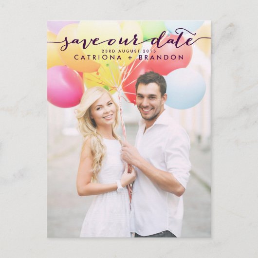 Lila handgeschriebenes Script-Foto Rette unser Dat Ankündigungspostkarte (Vorderseite)