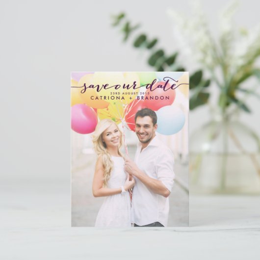 Lila handgeschriebenes Script-Foto Rette unser Dat Ankündigungspostkarte (Stehend Vorderseite)