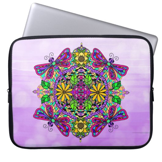 Lila Handgezeichnete Libelle Mandala Laptopschutzhülle (Vorderseite)