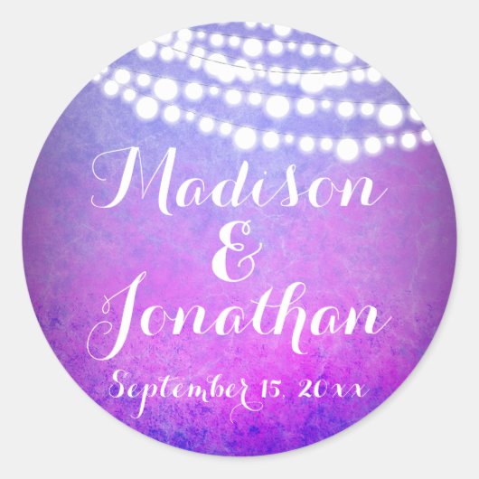 Lila Hanging Fairy Twinkle Lights Hochzeit Runder Aufkleber (Vorderseite)