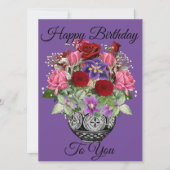 Lila Happy Birthday Floral Bouquet mit Rose Karte (Vorderseite)