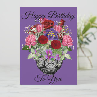 Lila Happy Birthday Floral Bouquet mit Rose Karte